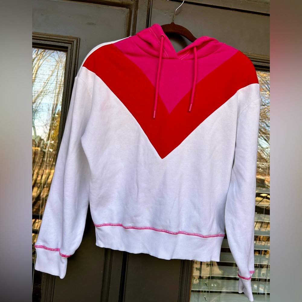 Anthropologie White Pullover Hoodie with Pink and Red Chevron